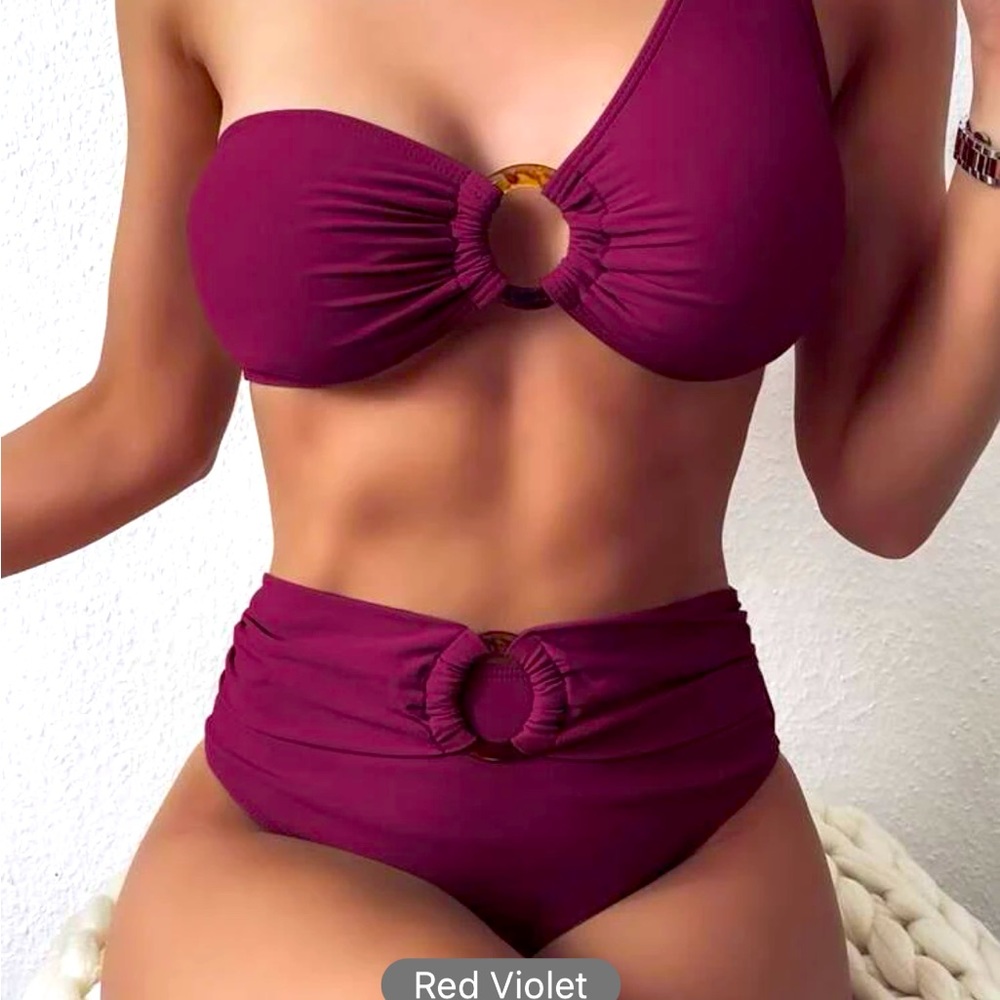 NEVER WORK 2 piece maroon one shoulder swimsuit bikini